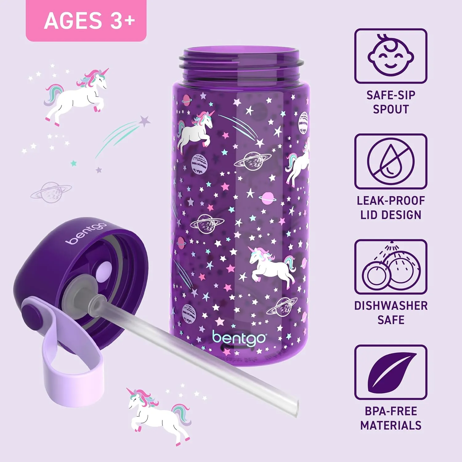 Bentgo Kids Water Bottle - Leak-Proof, Durable Tritan, BPA-Free 15 oz. Cup for Kids/Toddlers Ages 3 , Safe Sip Spout, Carrying Handle, & Dishwasher Safe for School, Sports, Daycare & Camp (Unicorn)