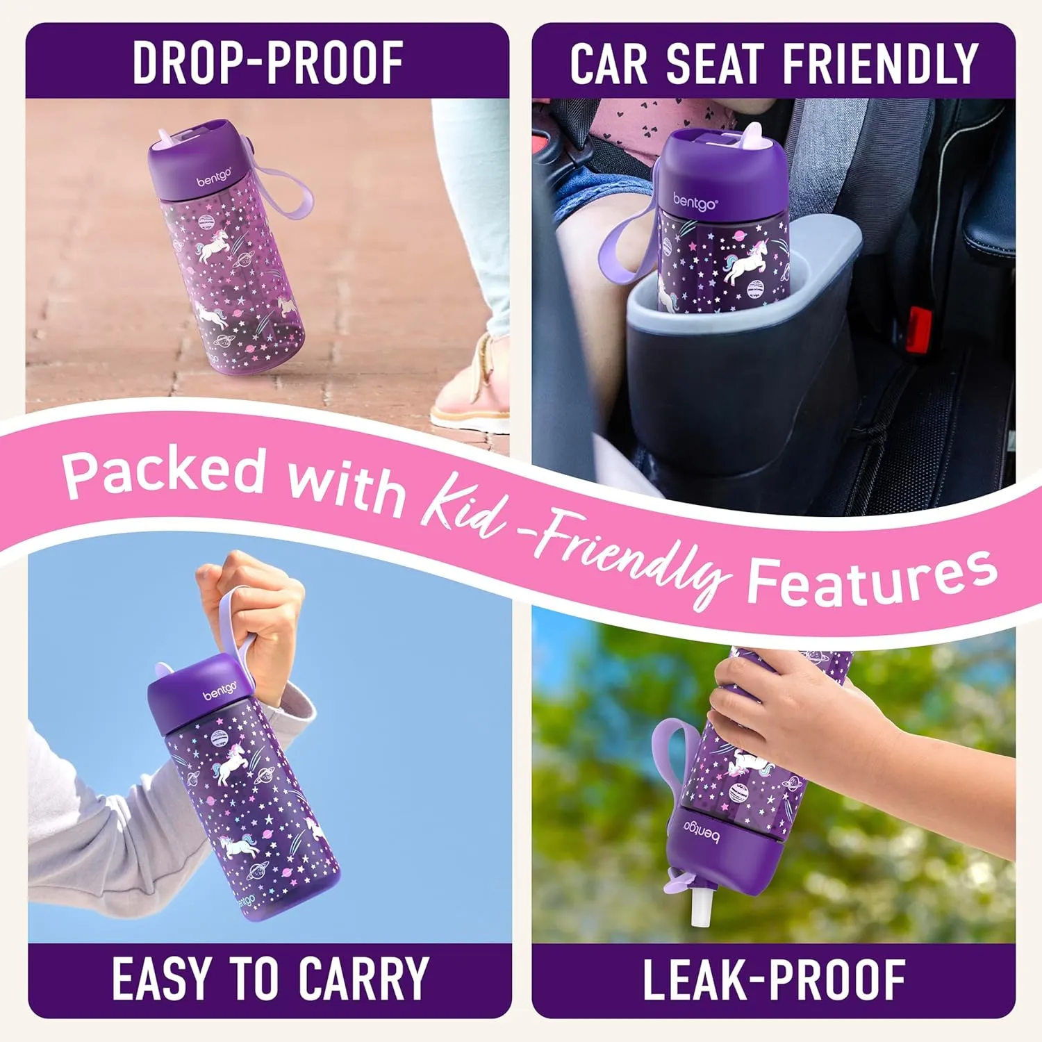 Bentgo Kids Water Bottle - Leak-Proof, Durable Tritan, BPA-Free 15 oz. Cup for Kids/Toddlers Ages 3 , Safe Sip Spout, Carrying Handle, & Dishwasher Safe for School, Sports, Daycare & Camp (Unicorn)