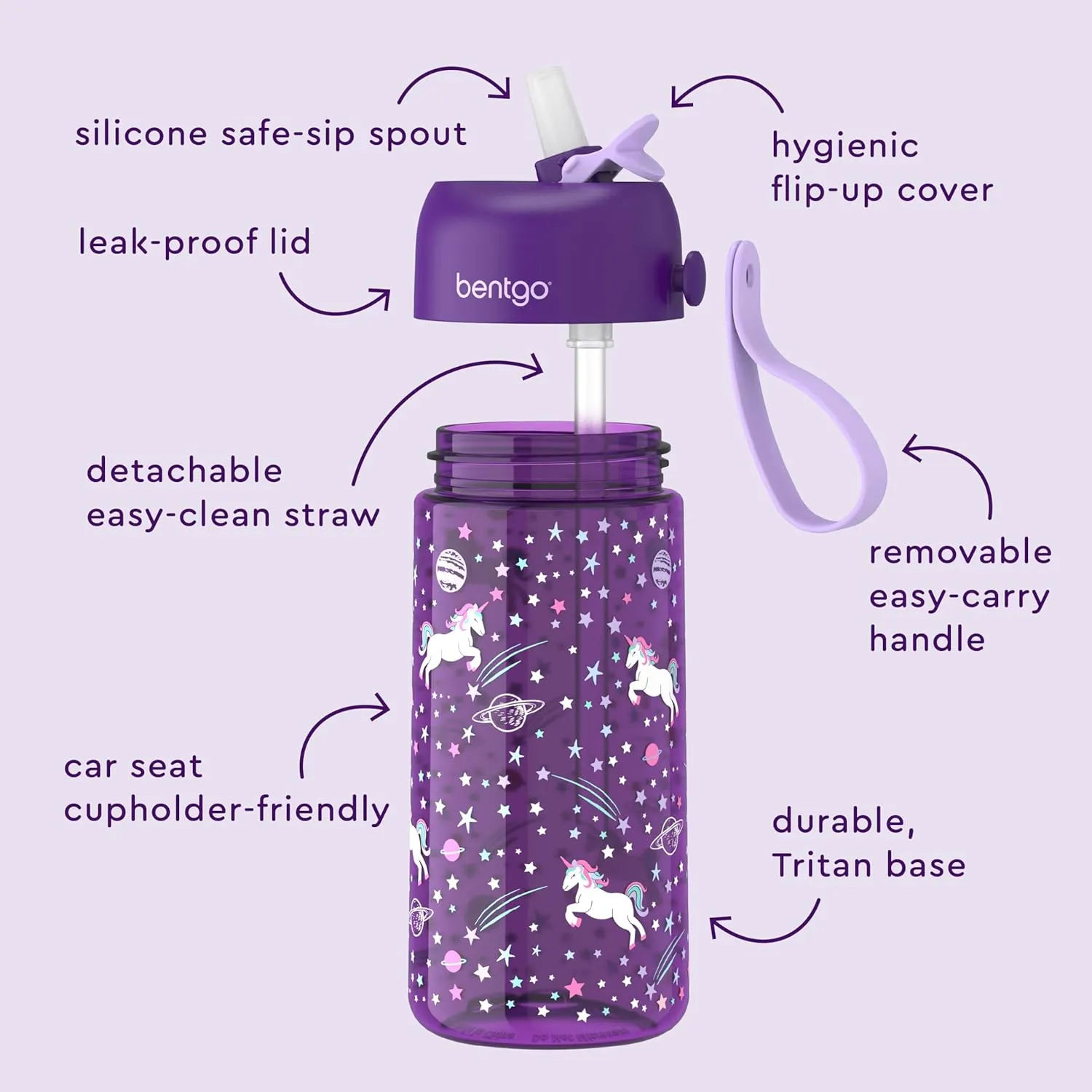Bentgo Kids Water Bottle - Leak-Proof, Durable Tritan, BPA-Free 15 oz. Cup for Kids/Toddlers Ages 3 , Safe Sip Spout, Carrying Handle, & Dishwasher Safe for School, Sports, Daycare & Camp (Unicorn)