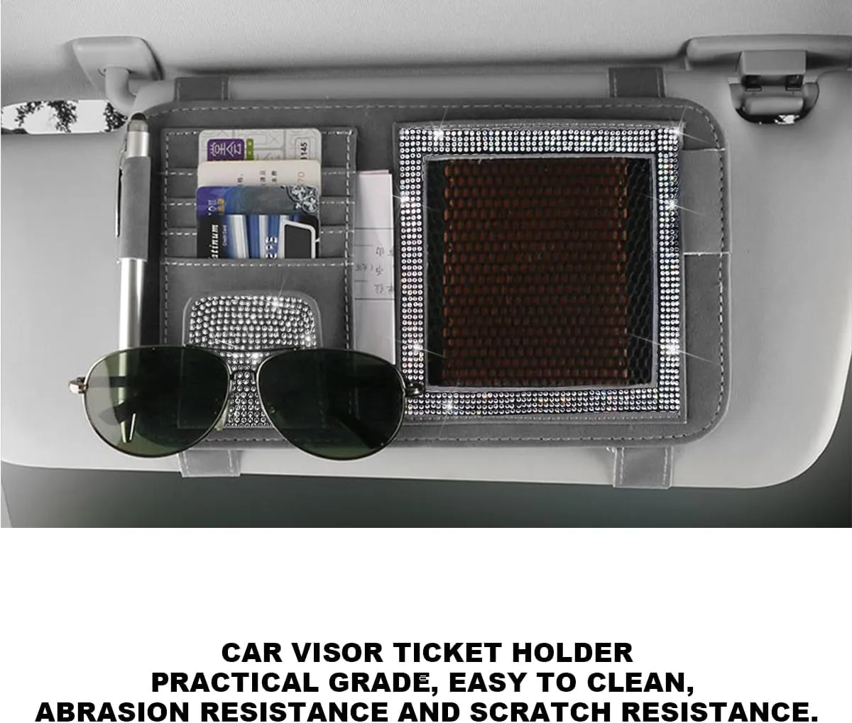 BESULEN Bling Car Sun Visor Organizer, Multi-Pocket Crystal Rhinestone Leather Vehicle Sunvisor Storage Pouch, Sparkling Diamond Auto Sunshade Eyeglasses Card Pen Holder, Universal Fit (Gray)