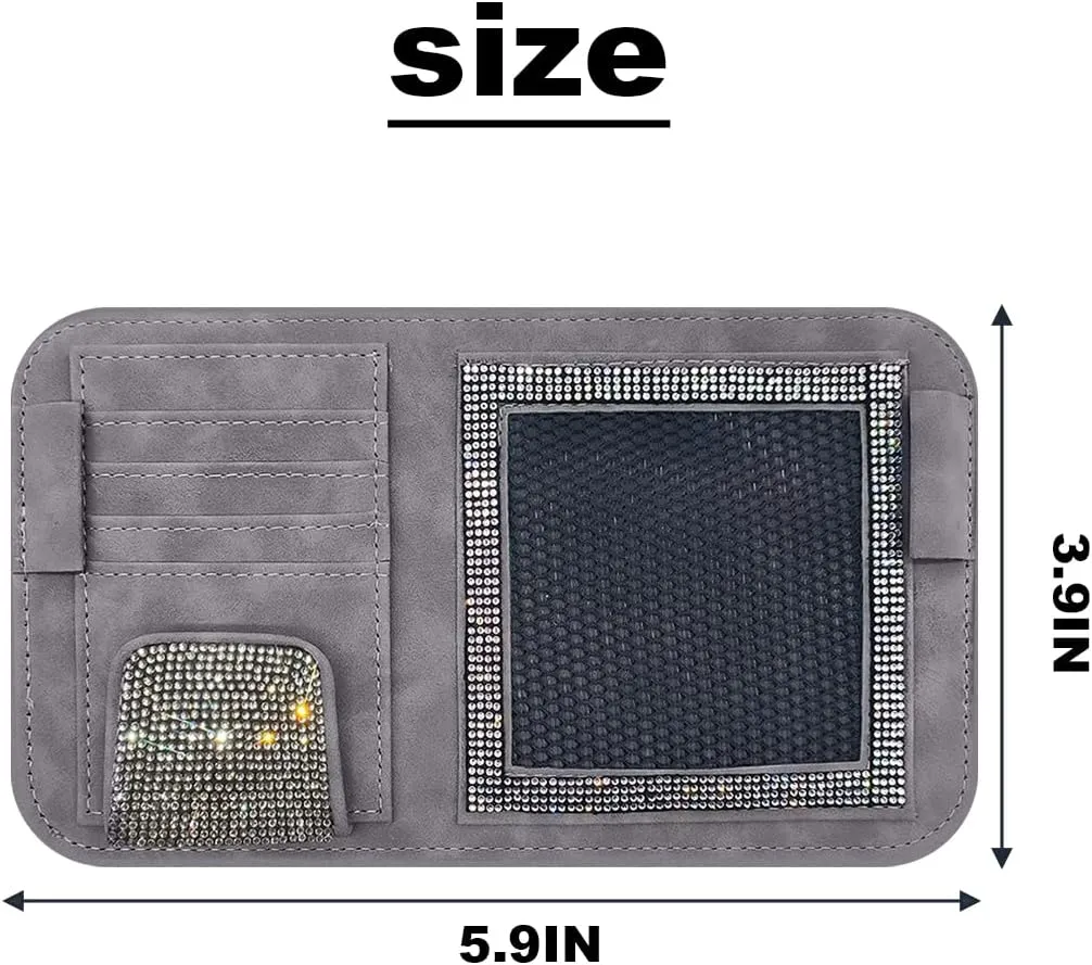 BESULEN Bling Car Sun Visor Organizer, Multi-Pocket Crystal Rhinestone Leather Vehicle Sunvisor Storage Pouch, Sparkling Diamond Auto Sunshade Eyeglasses Card Pen Holder, Universal Fit (Gray)