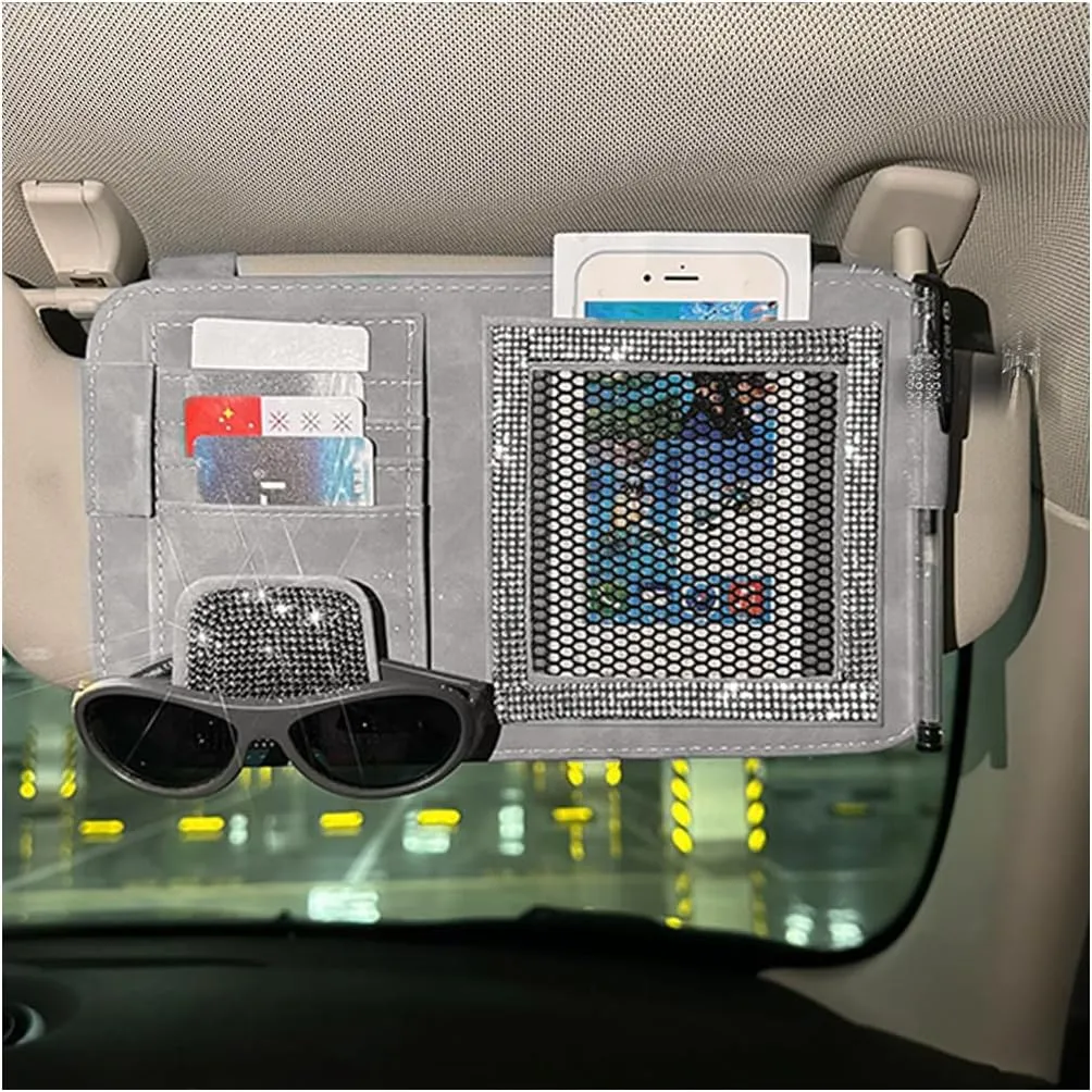BESULEN Bling Car Sun Visor Organizer, Multi-Pocket Crystal Rhinestone Leather Vehicle Sunvisor Storage Pouch, Sparkling Diamond Auto Sunshade Eyeglasses Card Pen Holder, Universal Fit (Gray)