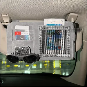 BESULEN Bling Car Sun Visor Organizer, Multi-Pocket Crystal Rhinestone Leather Vehicle Sunvisor Storage Pouch, Sparkling Diamond Auto Sunshade Eyeglasses Card Pen Holder, Universal Fit (Gray)