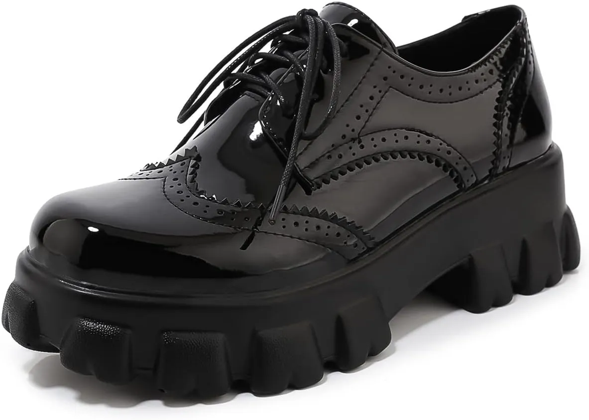 Betastella Women's Patent Leather Oxfords Chunky Heels Lace Up Brogue Shoes