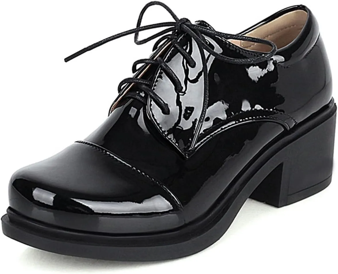 Betastella Women's Patent Leather Oxfords Chunky Heels Lace Up Brogue Shoes