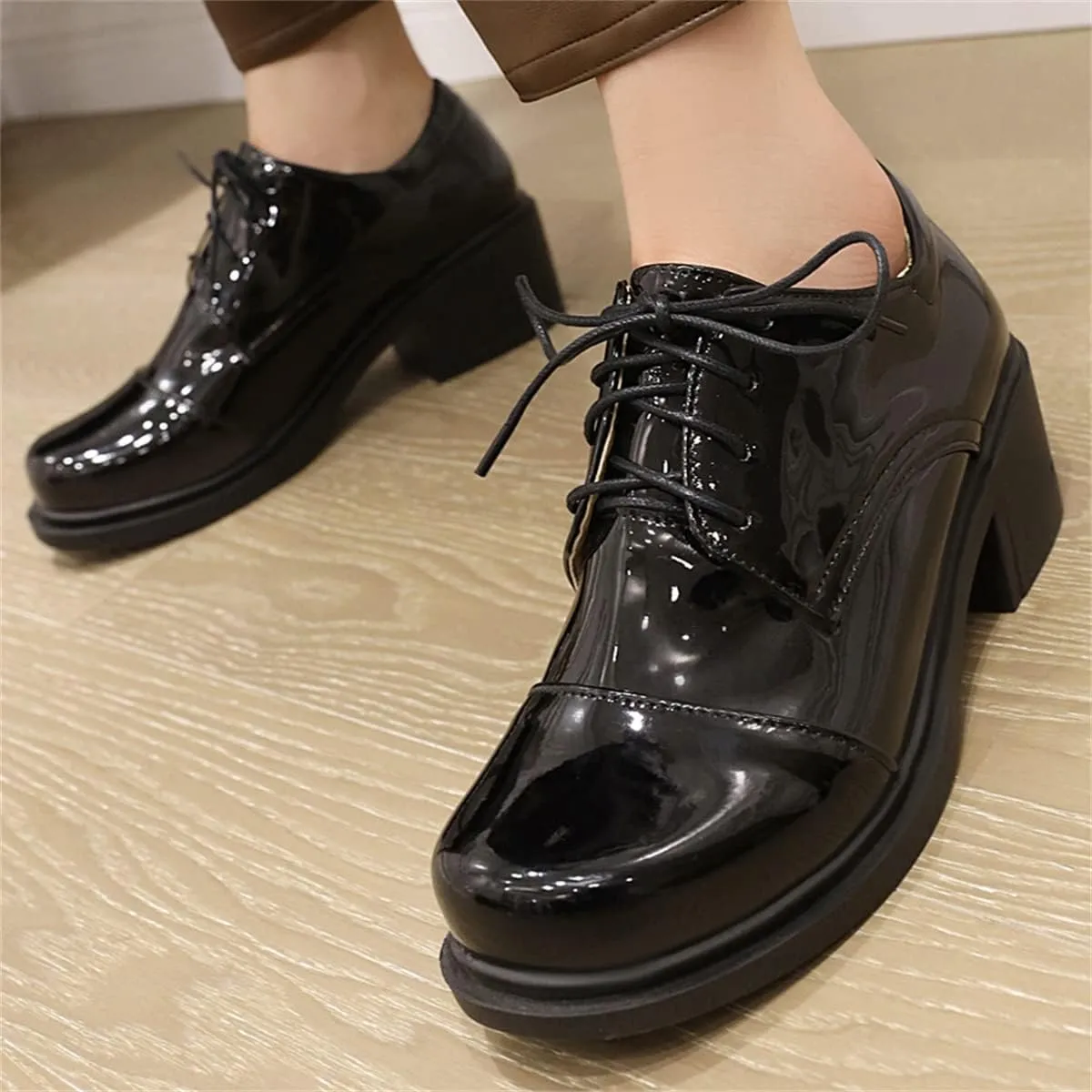 Betastella Women's Patent Leather Oxfords Chunky Heels Lace Up Brogue Shoes