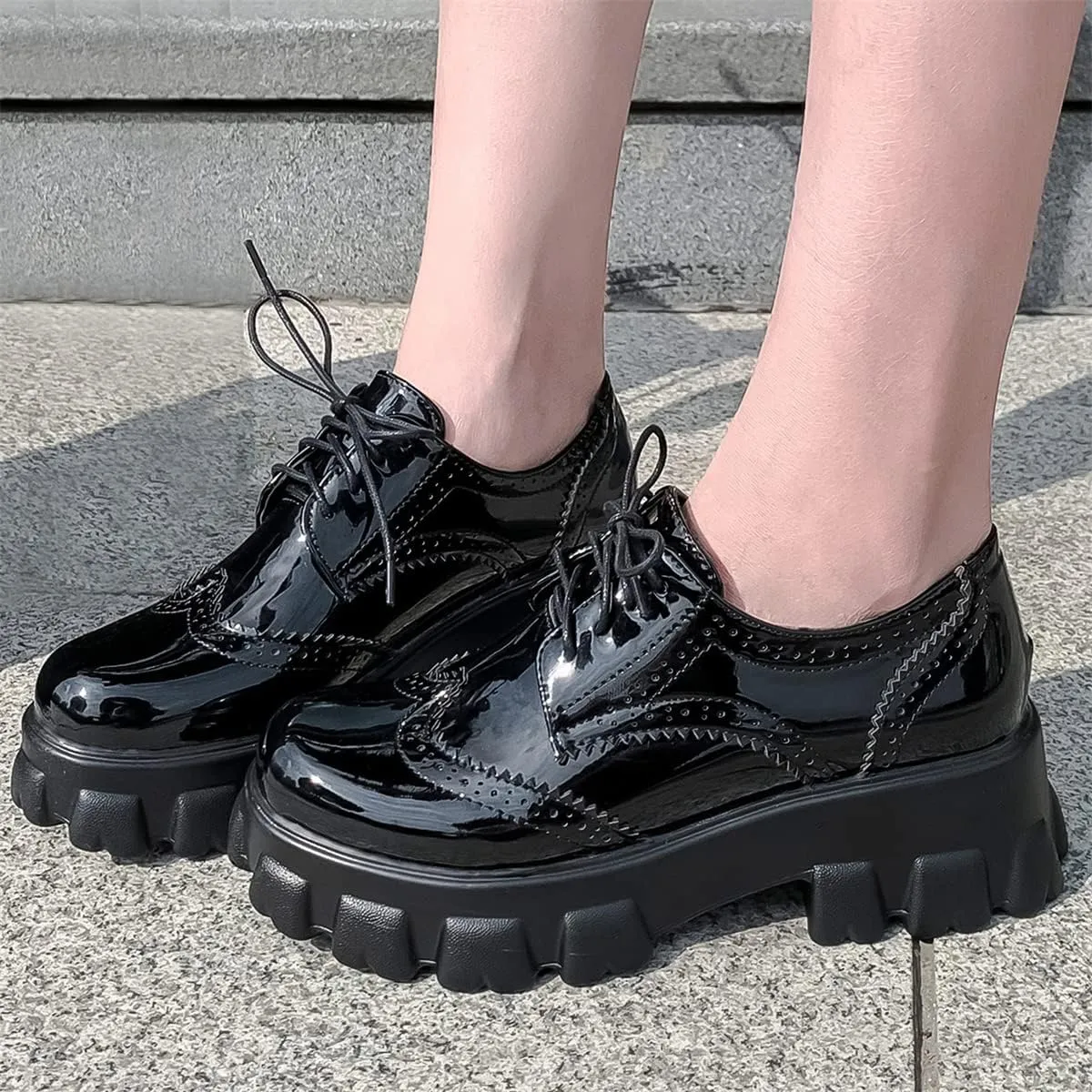 Betastella Women's Patent Leather Oxfords Chunky Heels Lace Up Brogue Shoes