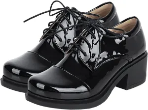 Betastella Women's Patent Leather Oxfords Chunky Heels Lace Up Brogue Shoes