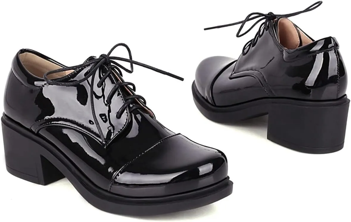 Betastella Women's Patent Leather Oxfords Chunky Heels Lace Up Brogue Shoes