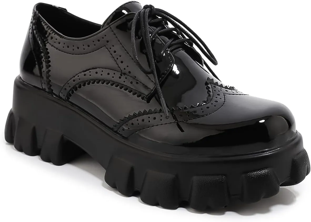 Betastella Women's Patent Leather Oxfords Chunky Heels Lace Up Brogue Shoes