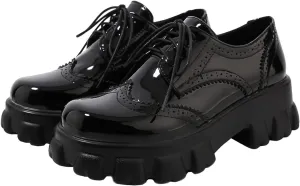 Betastella Women's Patent Leather Oxfords Chunky Heels Lace Up Brogue Shoes