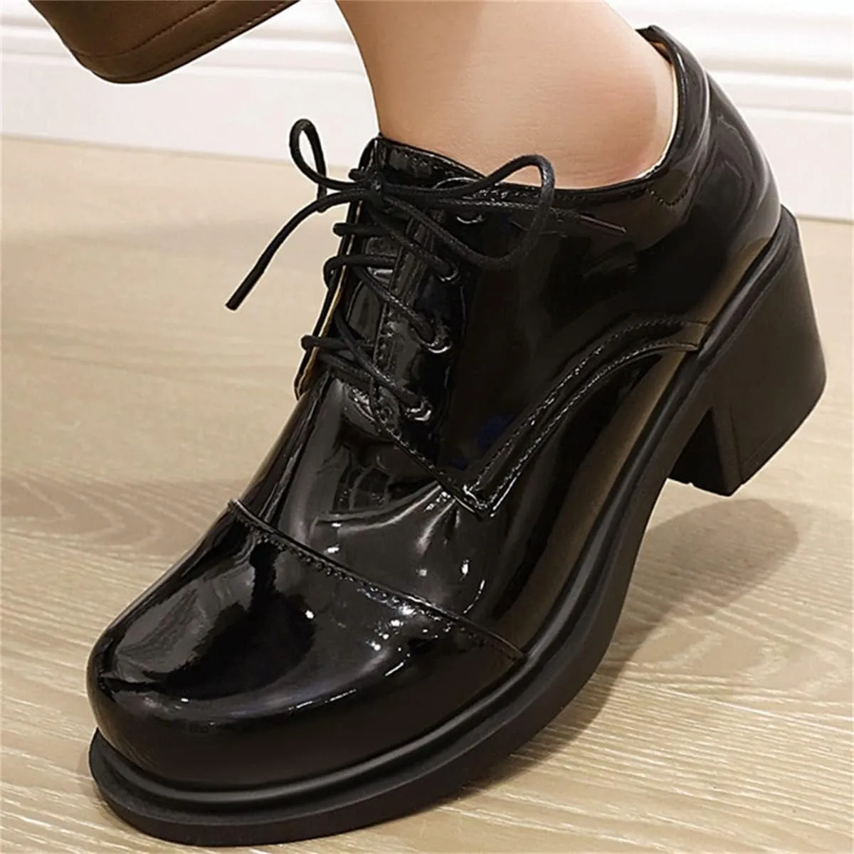 Betastella Women's Patent Leather Oxfords Chunky Heels Lace Up Brogue Shoes