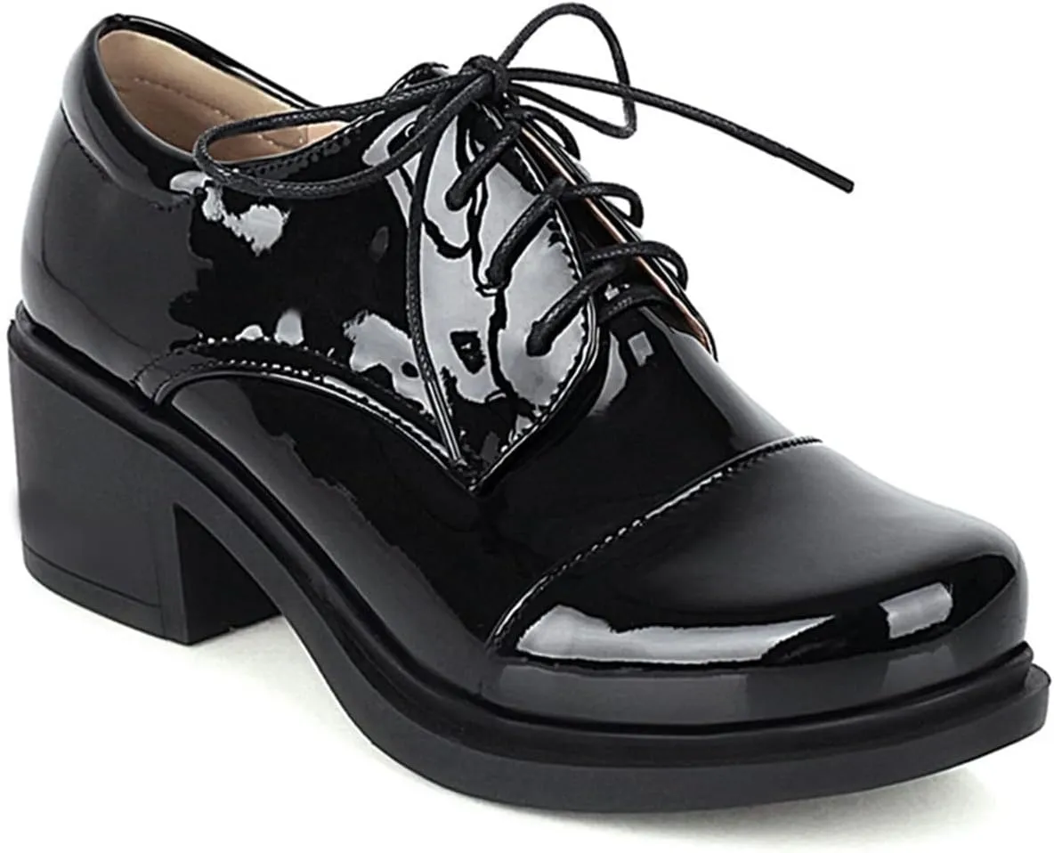 Betastella Women's Patent Leather Oxfords Chunky Heels Lace Up Brogue Shoes