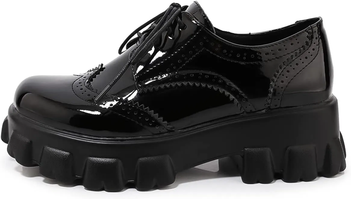 Betastella Women's Patent Leather Oxfords Chunky Heels Lace Up Brogue Shoes