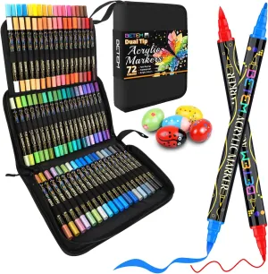 Betem 72 Colors Paint Markers Acrylic Paint Pens, Dual Tip with Brush Tip and Fine Point, Art Supplies for Wood, Canvas, Stone, Glass, Ceramic, Rock Painting Kit DIY Crafts Making Drawing Kit with Bag