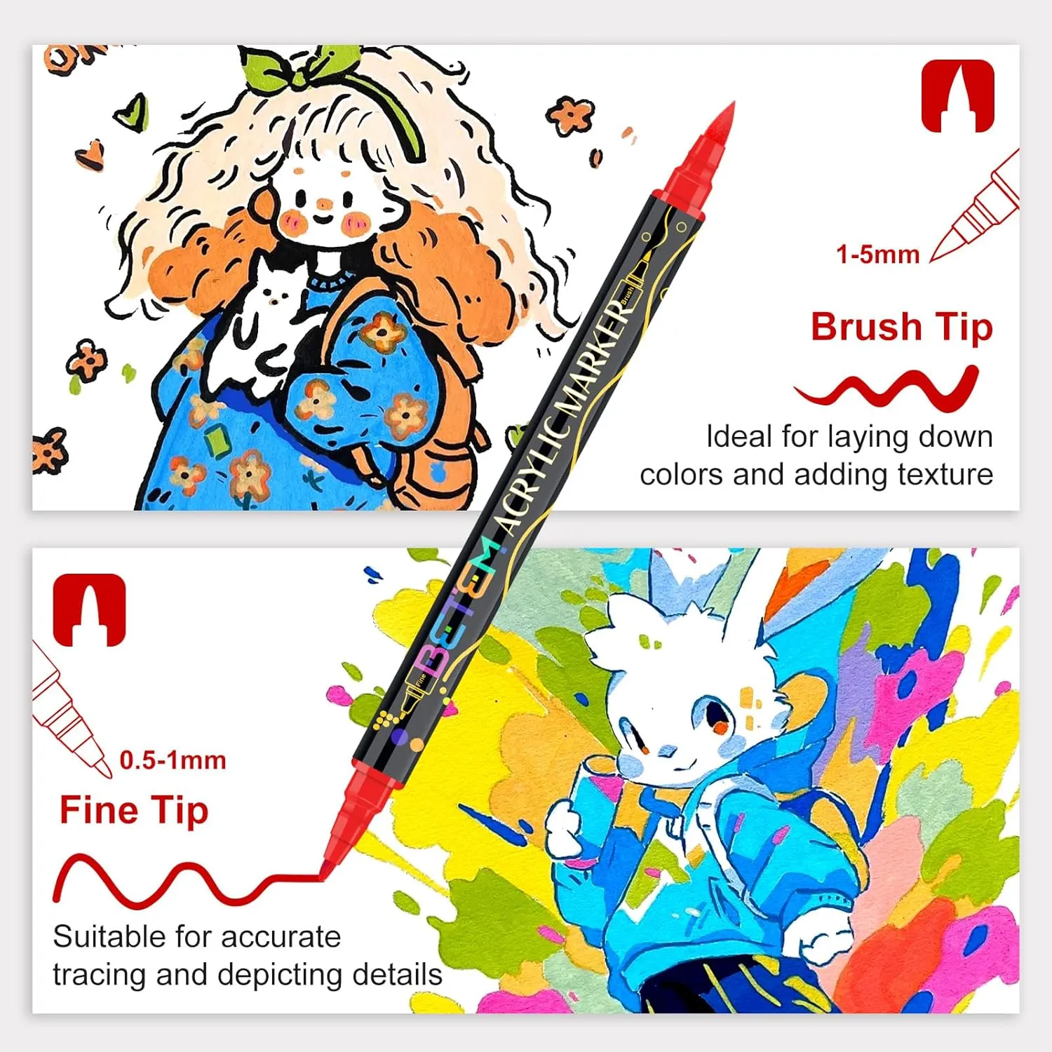 Betem 72 Colors Paint Markers Acrylic Paint Pens, Dual Tip with Brush Tip and Fine Point, Art Supplies for Wood, Canvas, Stone, Glass, Ceramic, Rock Painting Kit DIY Crafts Making Drawing Kit with Bag