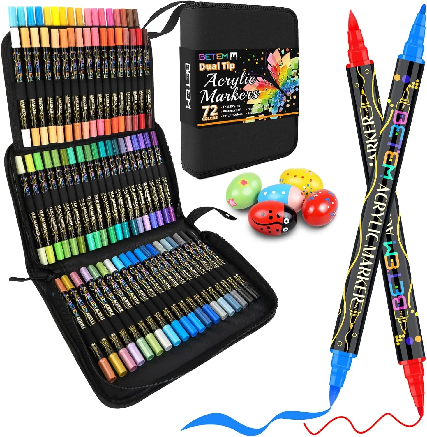 Betem 72 Colors Paint Markers Acrylic Paint Pens, Dual Tip with Brush Tip and Fine Point, Art Supplies for Wood, Canvas, Stone, Glass, Ceramic, Rock Painting Kit DIY Crafts Making Drawing Kit with Bag