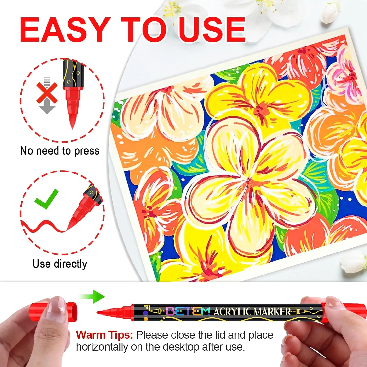 Betem 72 Colors Paint Markers Acrylic Paint Pens, Dual Tip with Brush Tip and Fine Point, Art Supplies for Wood, Canvas, Stone, Glass, Ceramic, Rock Painting Kit DIY Crafts Making Drawing Kit with Bag