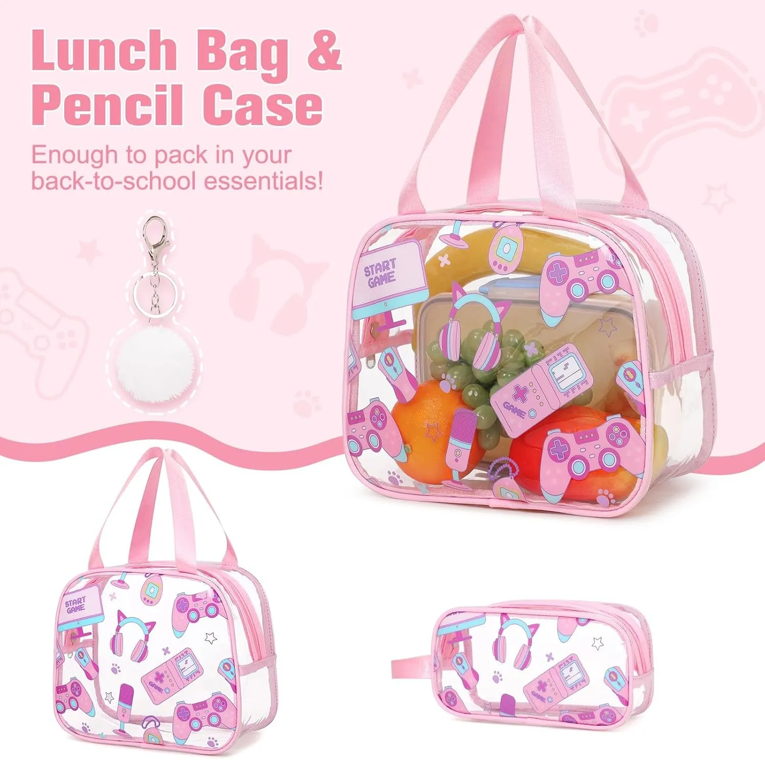 Bevalsa Clear Gaming Backpack for Boys Girls Kids, Transparent Backpack with Lunch Bag & Pen Case for Toddler Kindergarten Elementary School, Heavy Duty See Through Bookbag Stadium Approved (Pink)