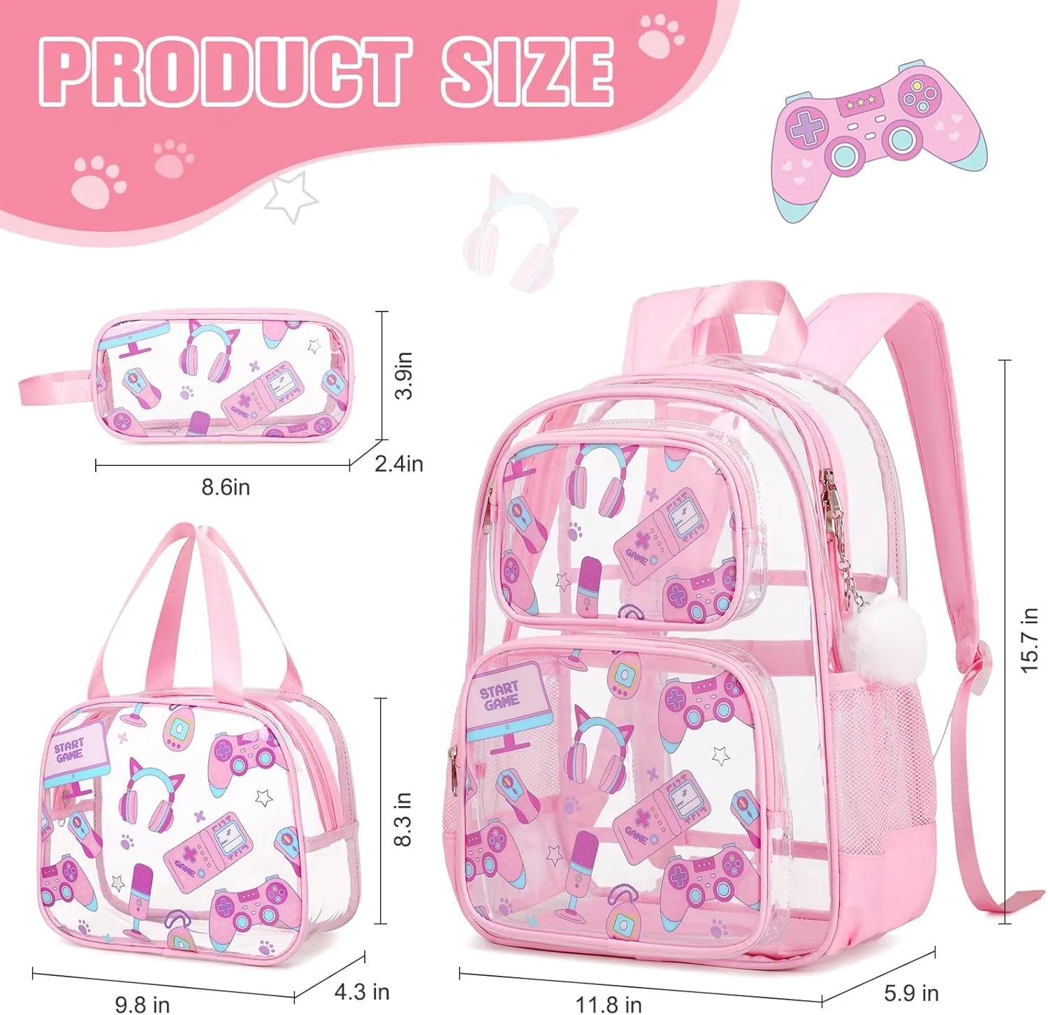 Bevalsa Clear Gaming Backpack for Boys Girls Kids, Transparent Backpack with Lunch Bag & Pen Case for Toddler Kindergarten Elementary School, Heavy Duty See Through Bookbag Stadium Approved (Pink)