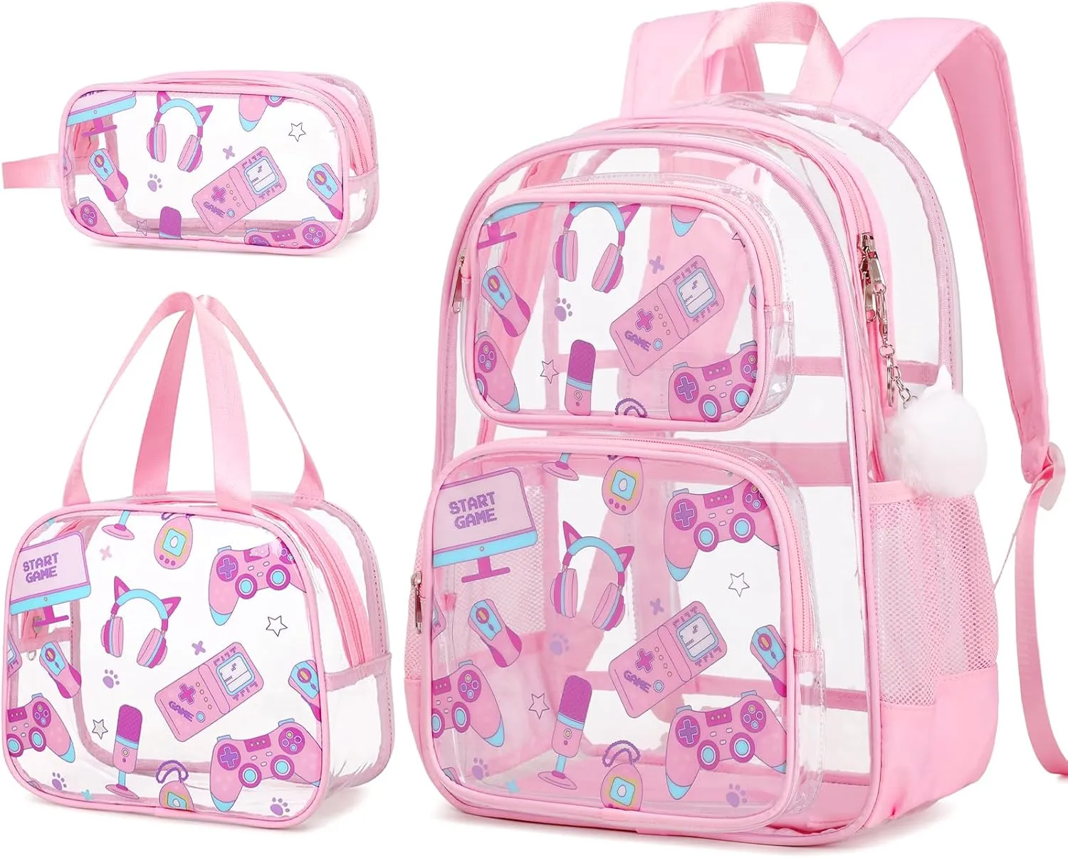 Bevalsa Clear Gaming Backpack for Boys Girls Kids, Transparent Backpack with Lunch Bag & Pen Case for Toddler Kindergarten Elementary School, Heavy Duty See Through Bookbag Stadium Approved (Pink)