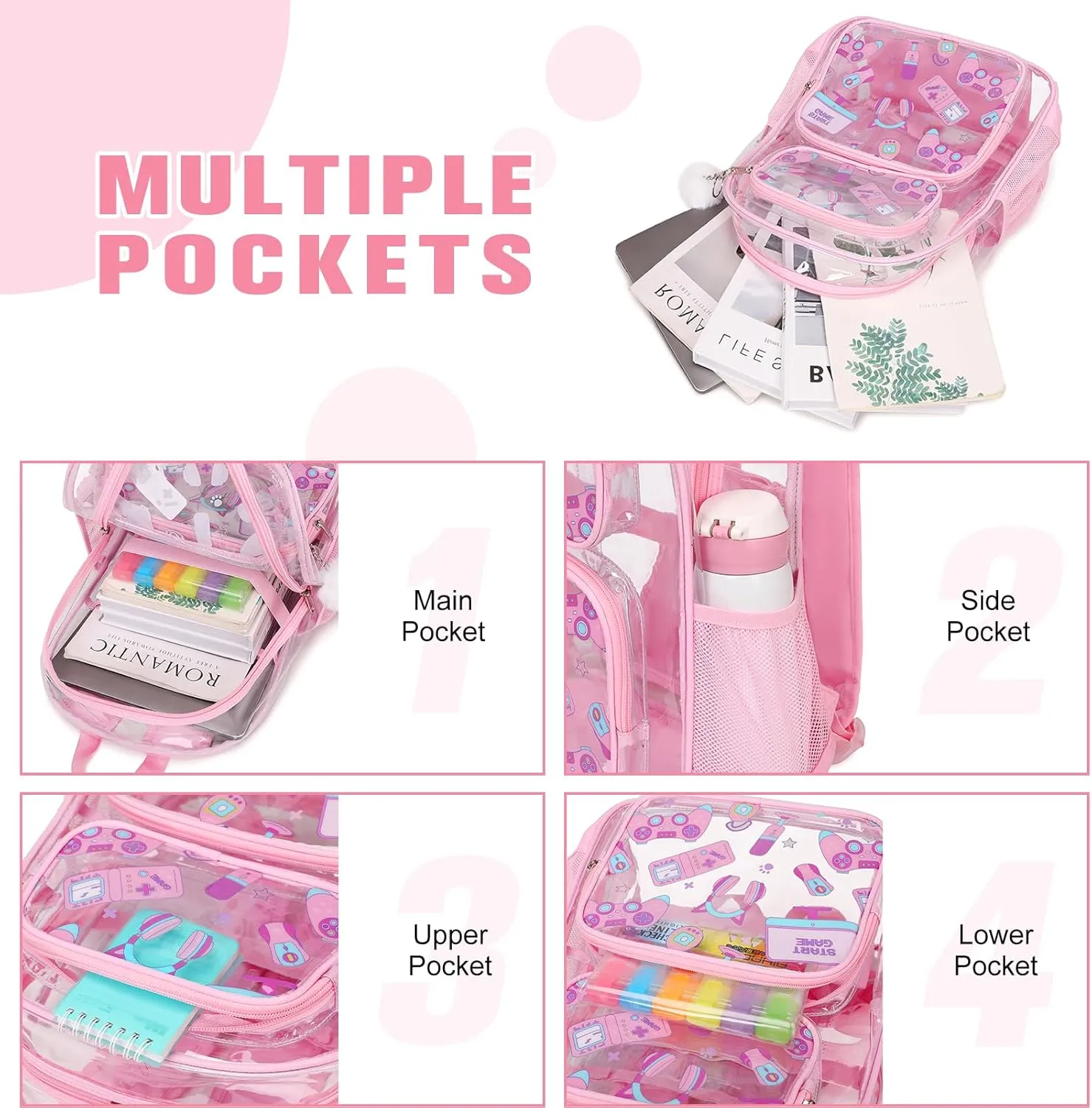 Bevalsa Clear Gaming Backpack for Boys Girls Kids, Transparent Backpack with Lunch Bag & Pen Case for Toddler Kindergarten Elementary School, Heavy Duty See Through Bookbag Stadium Approved (Pink)