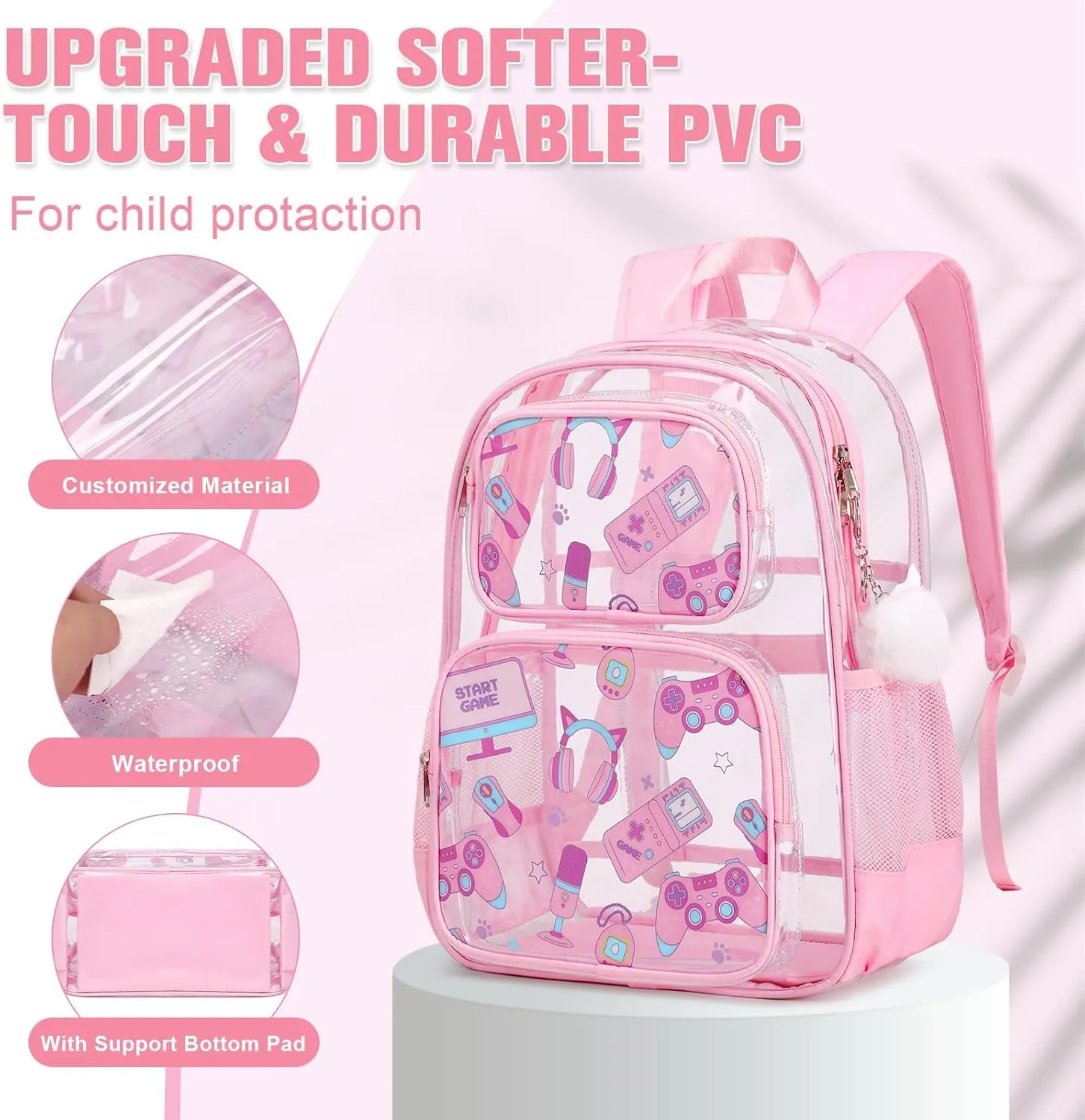 Bevalsa Clear Gaming Backpack for Boys Girls Kids, Transparent Backpack with Lunch Bag & Pen Case for Toddler Kindergarten Elementary School, Heavy Duty See Through Bookbag Stadium Approved (Pink)