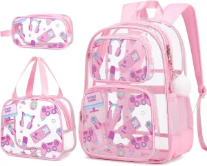 Bevalsa Clear Gaming Backpack for Boys Girls Kids, Transparent Backpack with Lunch Bag & Pen Case for Toddler Kindergarten Elementary School, Heavy Duty See Through Bookbag Stadium Approved (Pink)