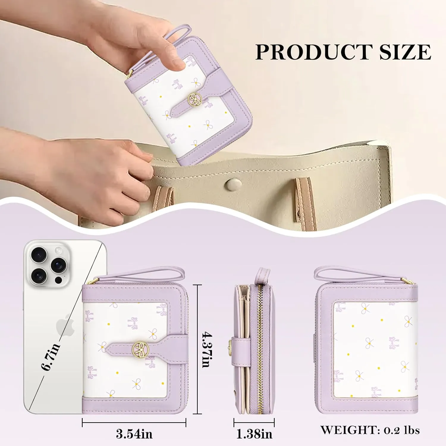 BIAOTIE Bow Women's Wallet Cute Bifold Zipper Around Wallet for Women RFID Credit Card Holder Purse for Ladies Aesthetic Leather Card Holder Purse