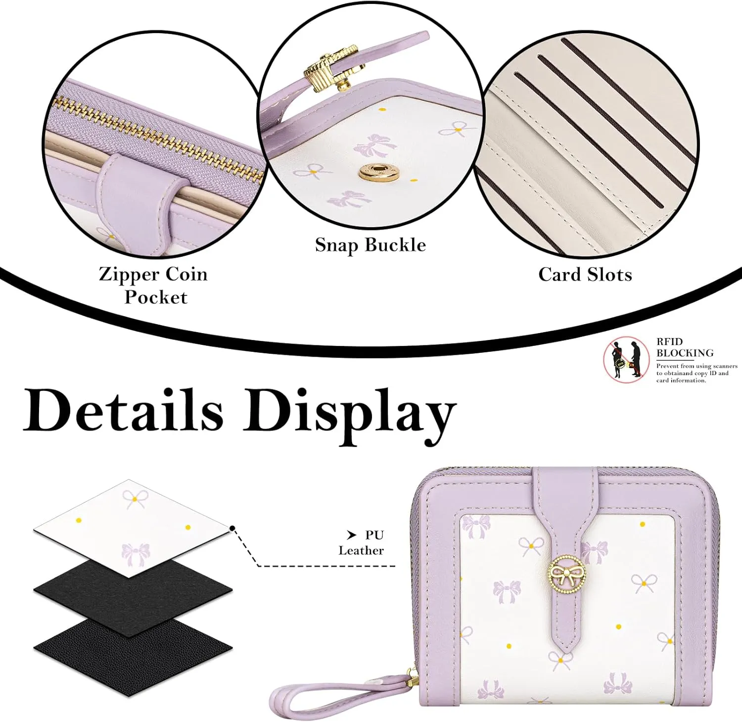 BIAOTIE Bow Women's Wallet Cute Bifold Zipper Around Wallet for Women RFID Credit Card Holder Purse for Ladies Aesthetic Leather Card Holder Purse