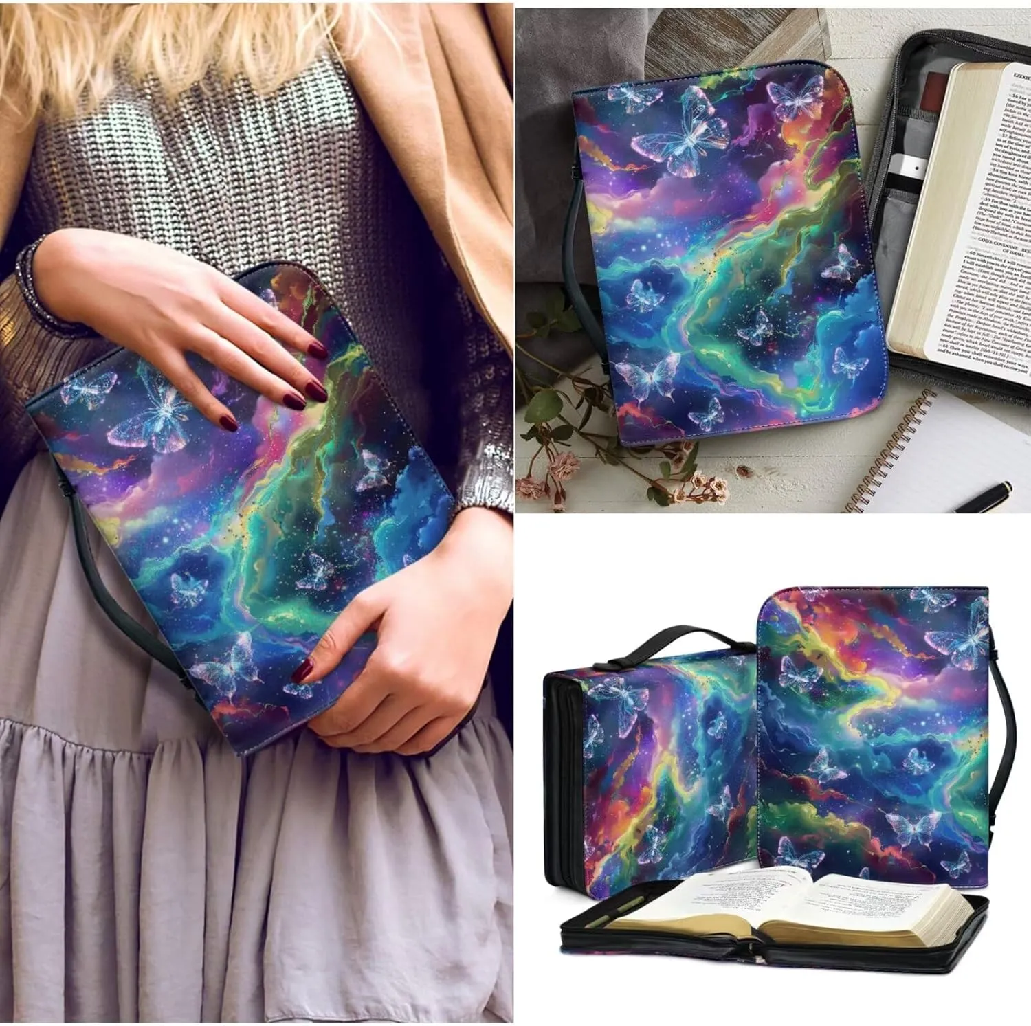 Bible Case for Women Bible Cover Christian Print PU Bible Bag with Bookmark Bible Carrying Case Bible Cover Case