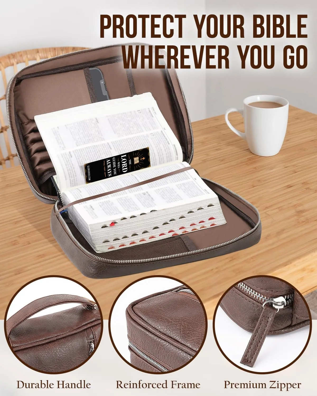 Bible Cover - Bible Case with Durable Handle, Men's Carrying Book Case Church Bag Bible, Fits Bibles up to 9.75" x 7.5", Protective with Zippered Pocket, Ideal for Father's Gift, Christian Gift
