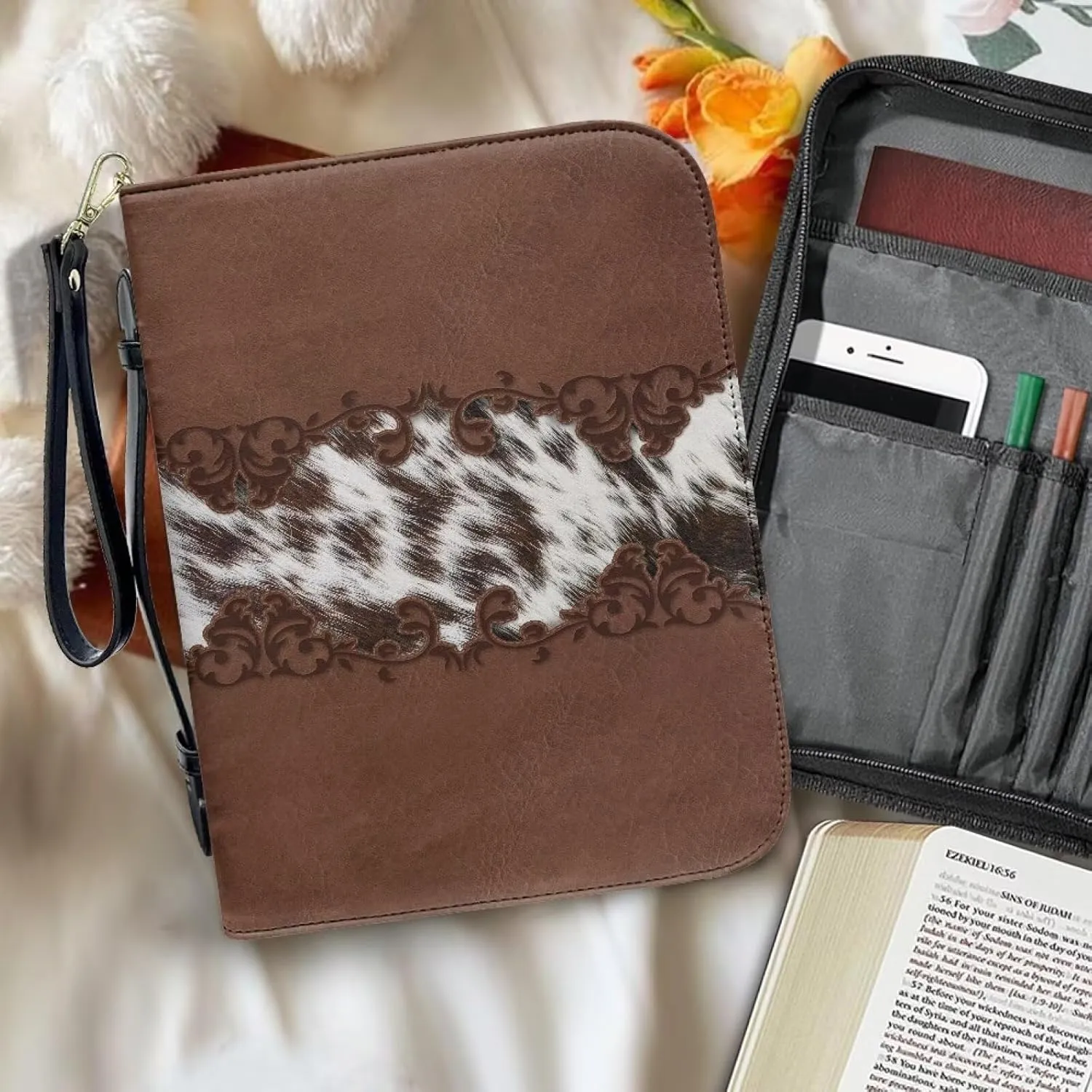 Bible Cover for Women Leather Bible Case with Black Ribbon Personalized Bible Study Supply Carrying Bag Tote