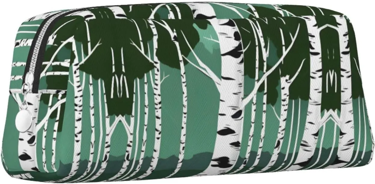 Birch Trees Print Large Capacity Pencil Case,Pencil Pouch With Zipper, Durable Leather Pen Bag For Office, Travel