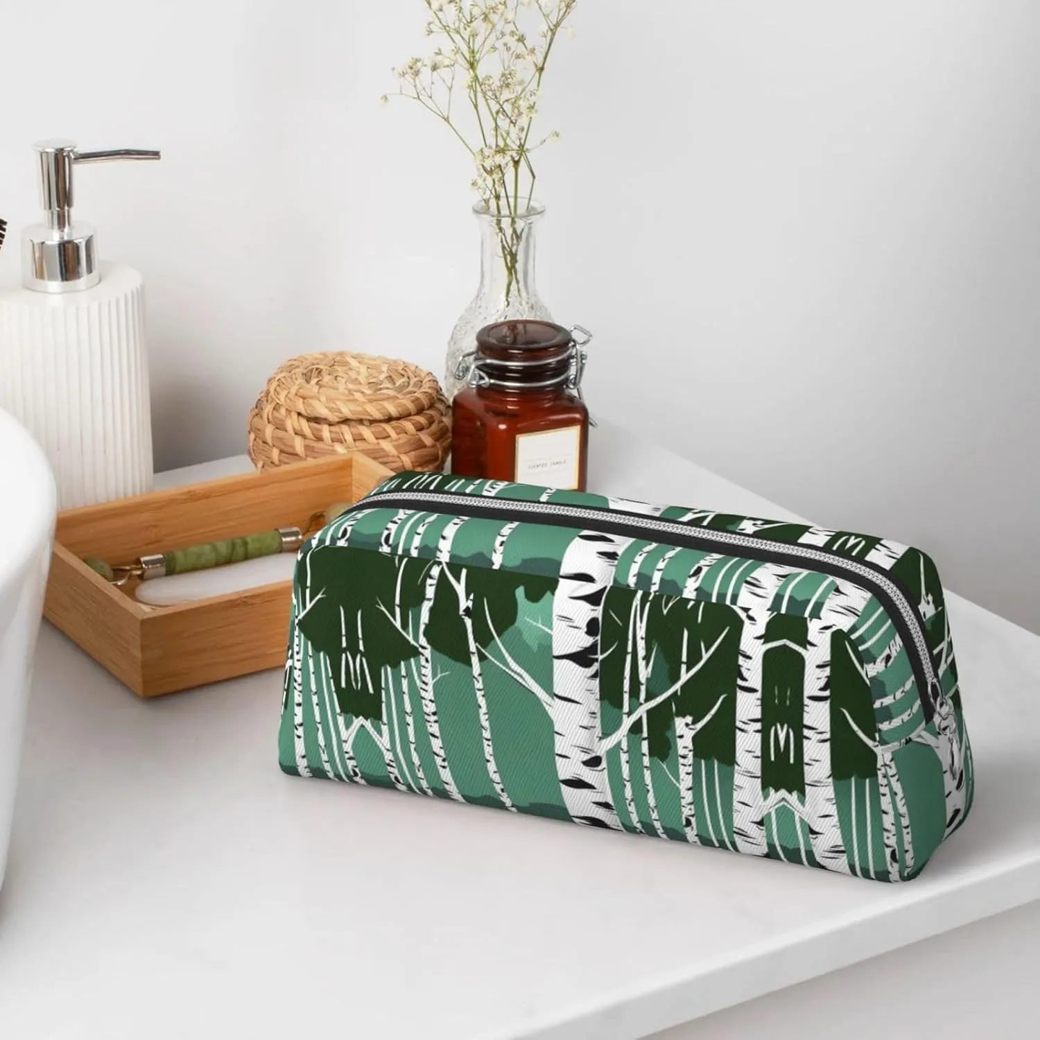 Birch Trees Print Large Capacity Pencil Case,Pencil Pouch With Zipper, Durable Leather Pen Bag For Office, Travel