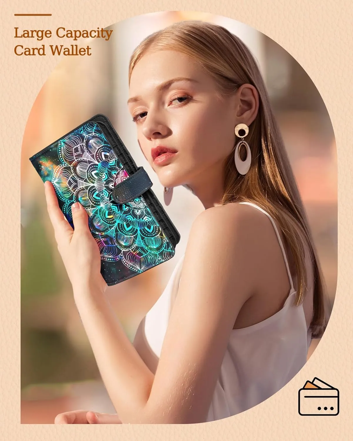 Bistup 【46 Slots Credit Card Holder for Women Ladies Female Teen Girls Rfid Genuine Leather Cardholder Large Capacity Size Big Billfold Wallets Boho Cute Girly Aesthetic Print Unique