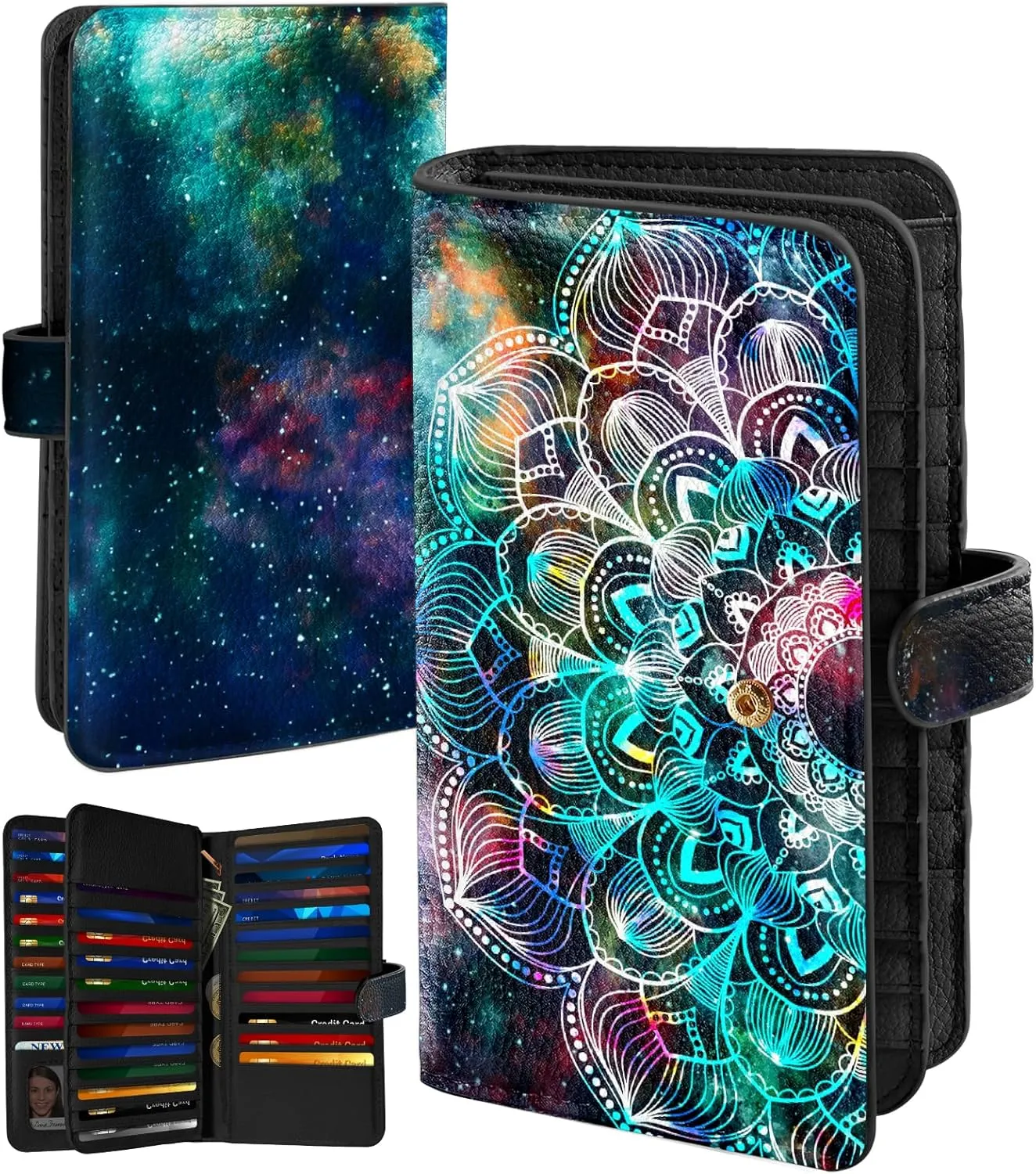 Bistup 【46 Slots Credit Card Holder for Women Ladies Female Teen Girls Rfid Genuine Leather Cardholder Large Capacity Size Big Billfold Wallets Boho Cute Girly Aesthetic Print Unique