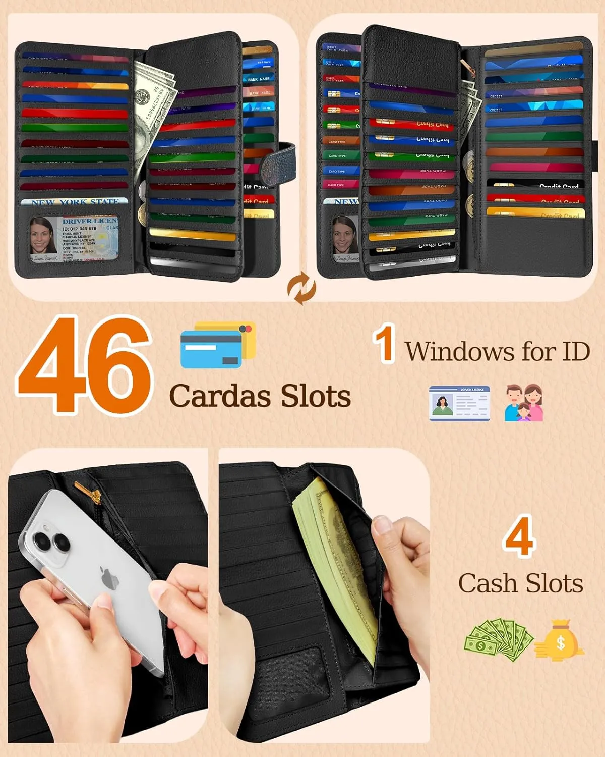 Bistup 【46 Slots Credit Card Holder for Women Ladies Female Teen Girls Rfid Genuine Leather Cardholder Large Capacity Size Big Billfold Wallets Boho Cute Girly Aesthetic Print Unique