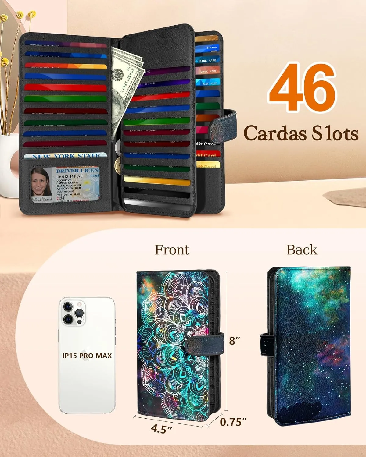 Bistup 【46 Slots Credit Card Holder for Women Ladies Female Teen Girls Rfid Genuine Leather Cardholder Large Capacity Size Big Billfold Wallets Boho Cute Girly Aesthetic Print Unique