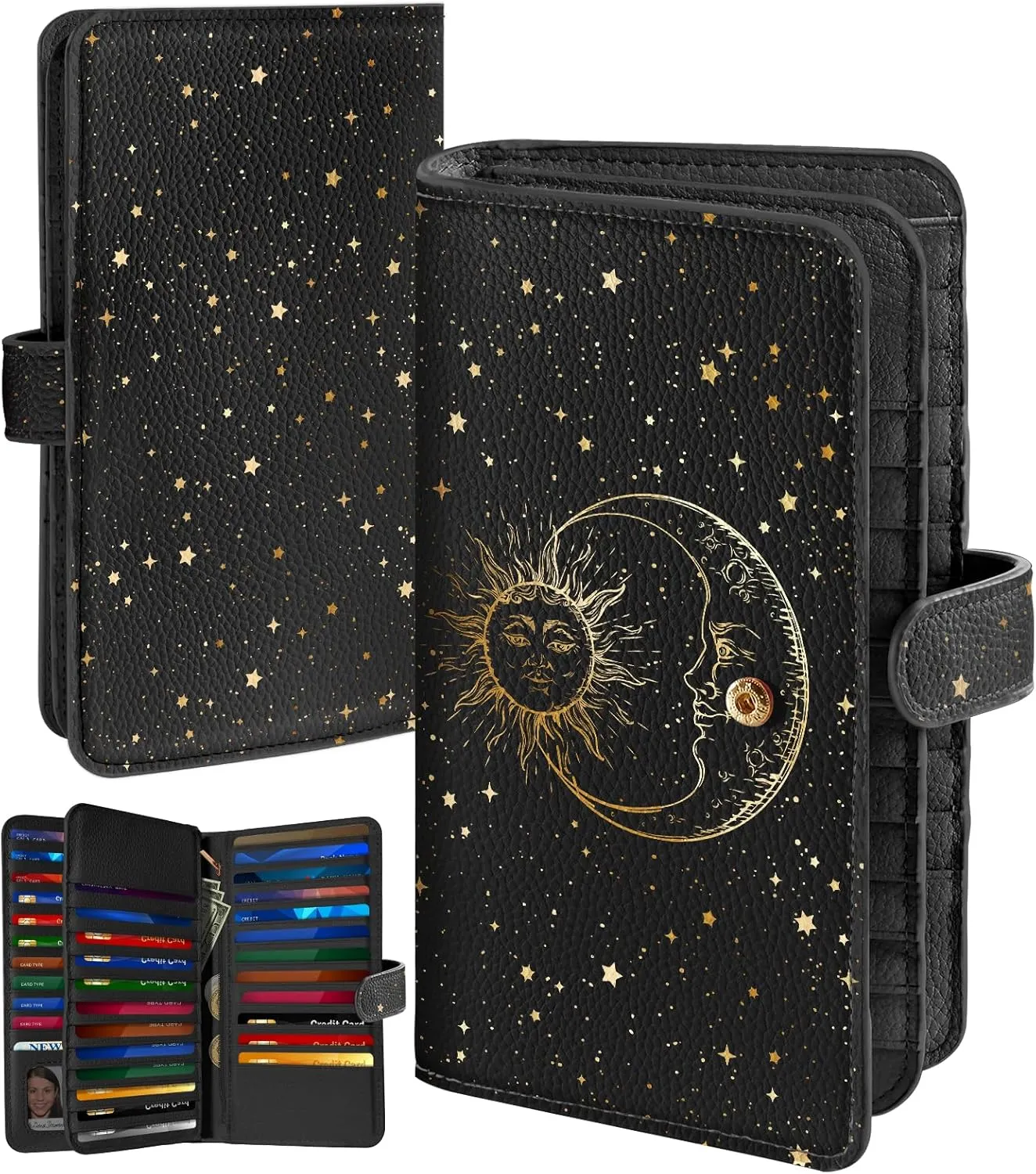 Bistup 【46 Slots Credit Card Holder for Women Ladies Female Teen Girls Rfid Genuine Leather Cardholder Large Capacity Size Big Billfold Wallets Sun and Moon Cute Girly Aesthetic Print Unique