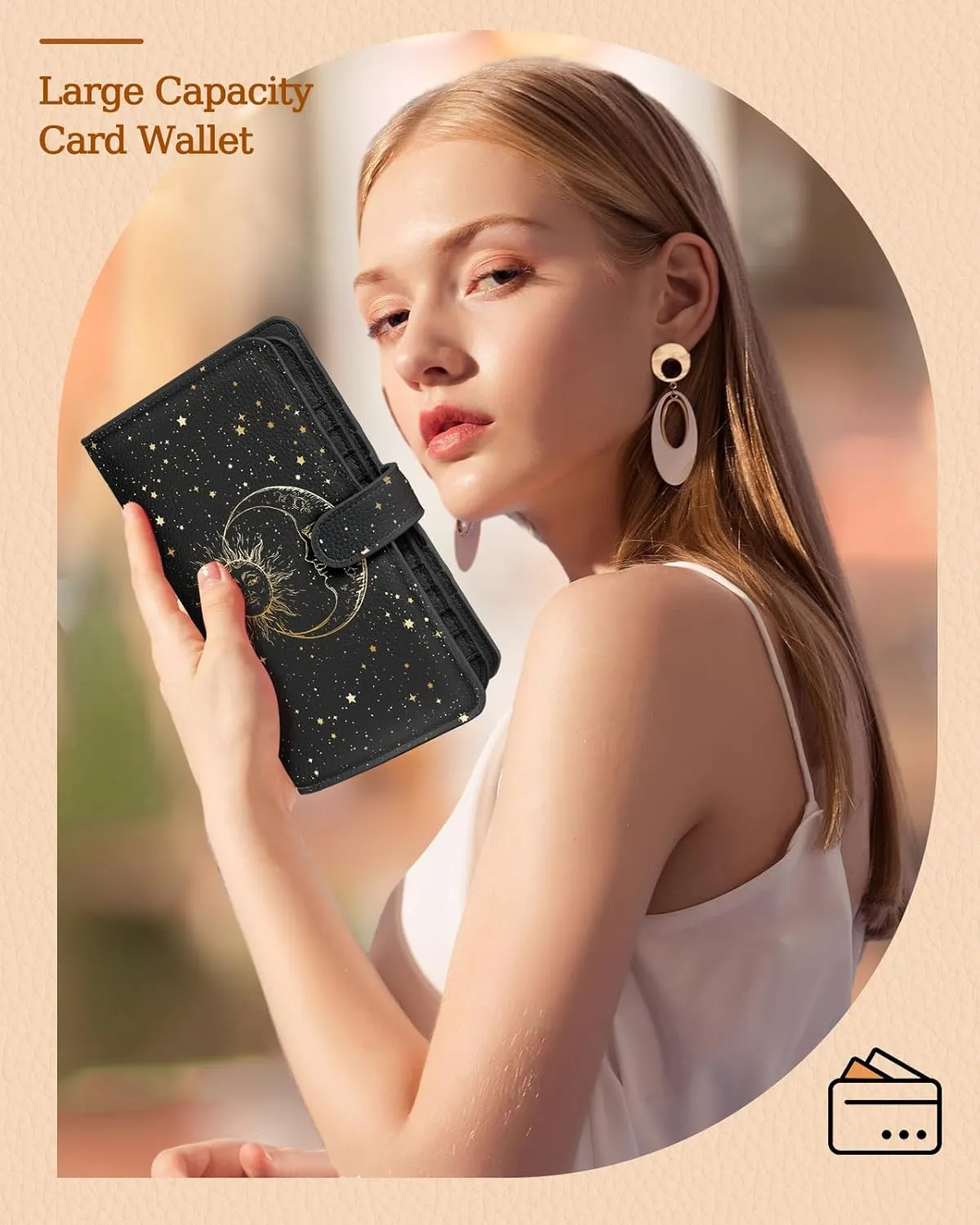 Bistup 【46 Slots Credit Card Holder for Women Ladies Female Teen Girls Rfid Genuine Leather Cardholder Large Capacity Size Big Billfold Wallets Sun and Moon Cute Girly Aesthetic Print Unique
