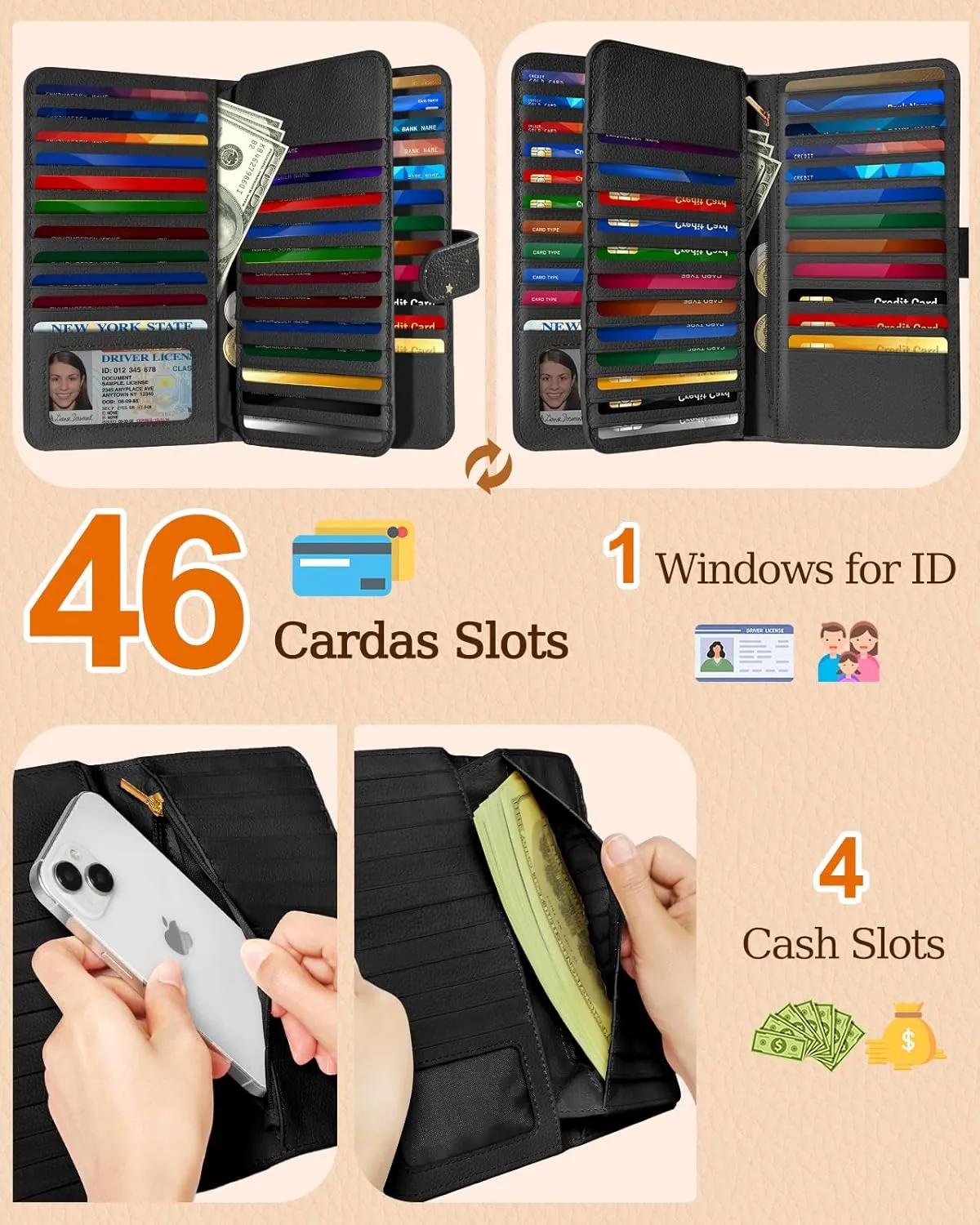 Bistup 【46 Slots Credit Card Holder for Women Ladies Female Teen Girls Rfid Genuine Leather Cardholder Large Capacity Size Big Billfold Wallets Sun and Moon Cute Girly Aesthetic Print Unique