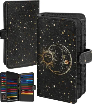 Bistup 【46 Slots Credit Card Holder for Women Ladies Female Teen Girls Rfid Genuine Leather Cardholder Large Capacity Size Big Billfold Wallets Sun and Moon Cute Girly Aesthetic Print Unique