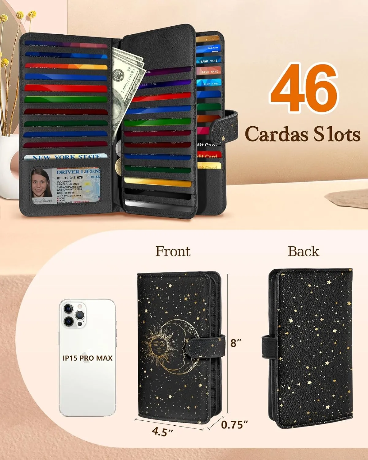 Bistup 【46 Slots Credit Card Holder for Women Ladies Female Teen Girls Rfid Genuine Leather Cardholder Large Capacity Size Big Billfold Wallets Sun and Moon Cute Girly Aesthetic Print Unique