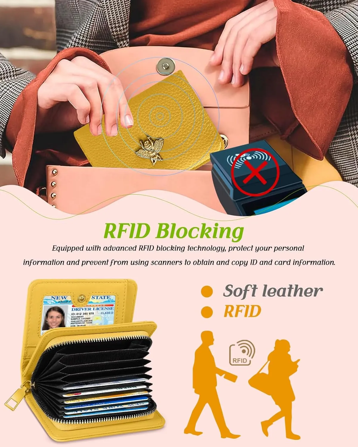 Bistup Credit Card Holder Wallet for Women Cute Leather Ladies Teen Girls Female Cardholder Wallets Accordion Purse Small Medium Aesthetic Print Yellow Unique Modern Design Rfid Zipper Around