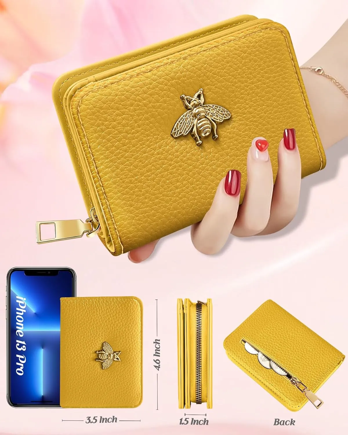 Bistup Credit Card Holder Wallet for Women Cute Leather Ladies Teen Girls Female Cardholder Wallets Accordion Purse Small Medium Aesthetic Print Yellow Unique Modern Design Rfid Zipper Around