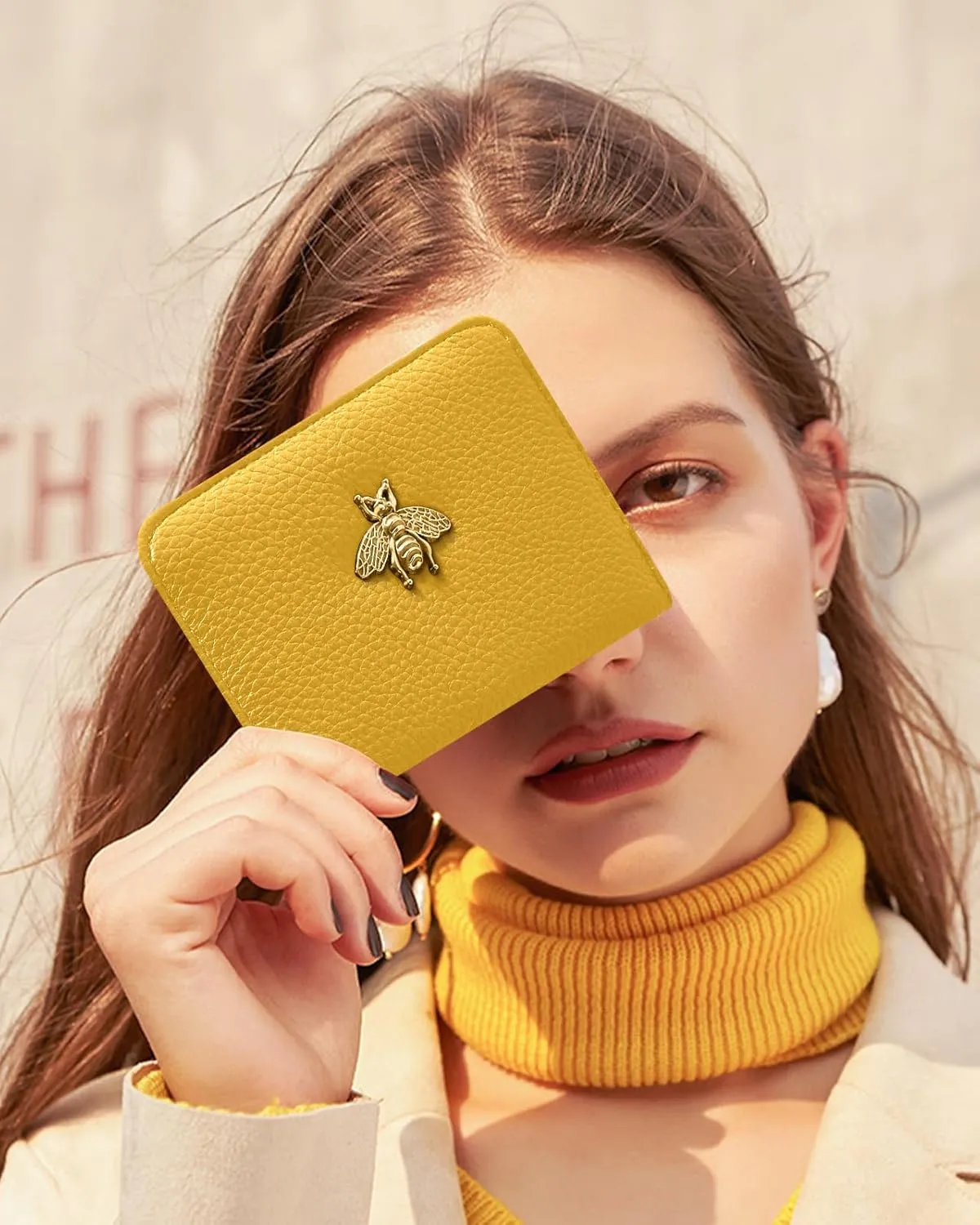 Bistup Credit Card Holder Wallet for Women Cute Leather Ladies Teen Girls Female Cardholder Wallets Accordion Purse Small Medium Aesthetic Print Yellow Unique Modern Design Rfid Zipper Around