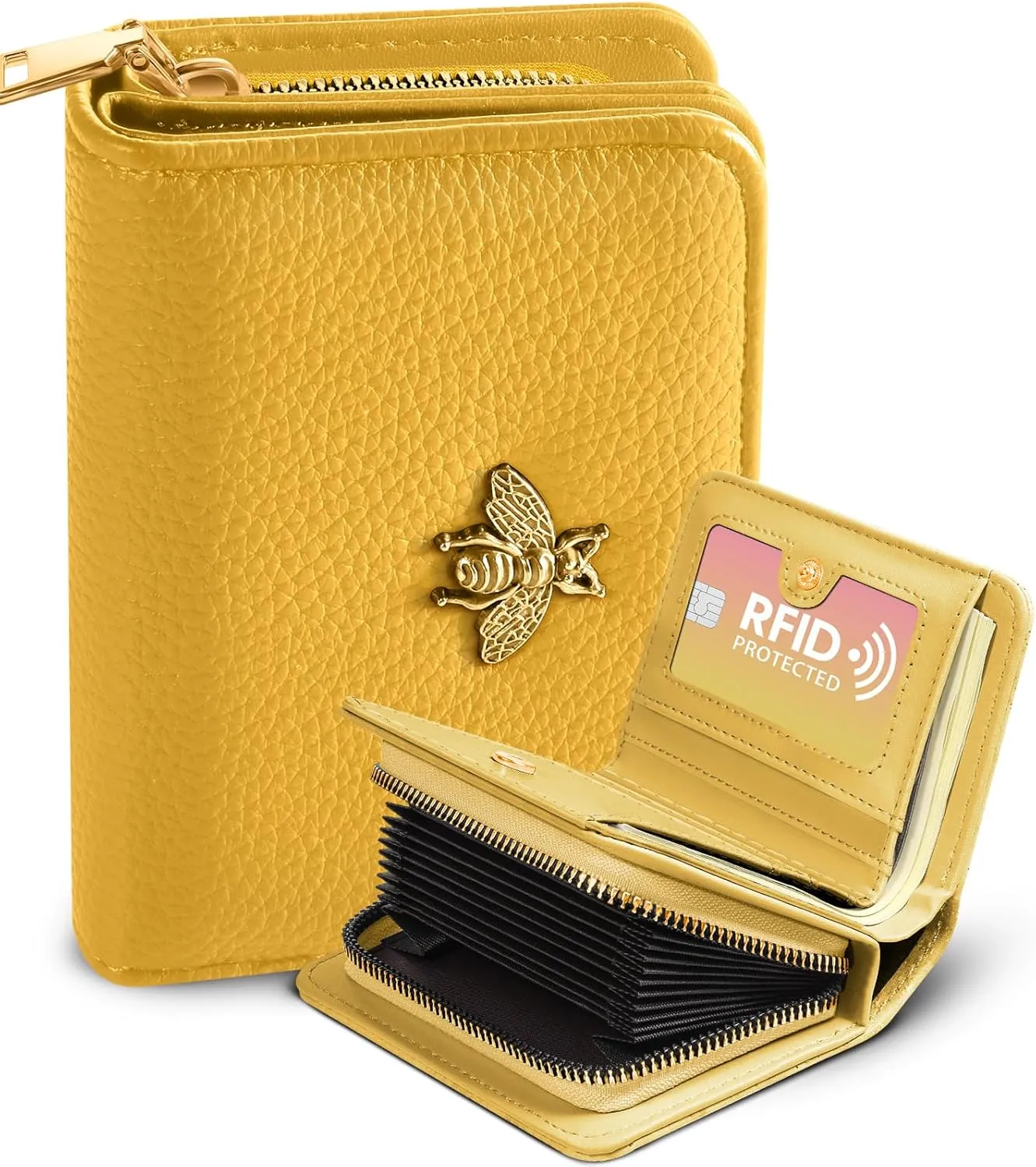 Bistup Credit Card Holder Wallet for Women Cute Leather Ladies Teen Girls Female Cardholder Wallets Accordion Purse Small Medium Aesthetic Print Yellow Unique Modern Design Rfid Zipper Around