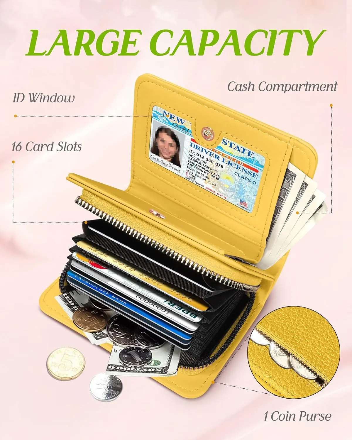 Bistup Credit Card Holder Wallet for Women Cute Leather Ladies Teen Girls Female Cardholder Wallets Accordion Purse Small Medium Aesthetic Print Yellow Unique Modern Design Rfid Zipper Around