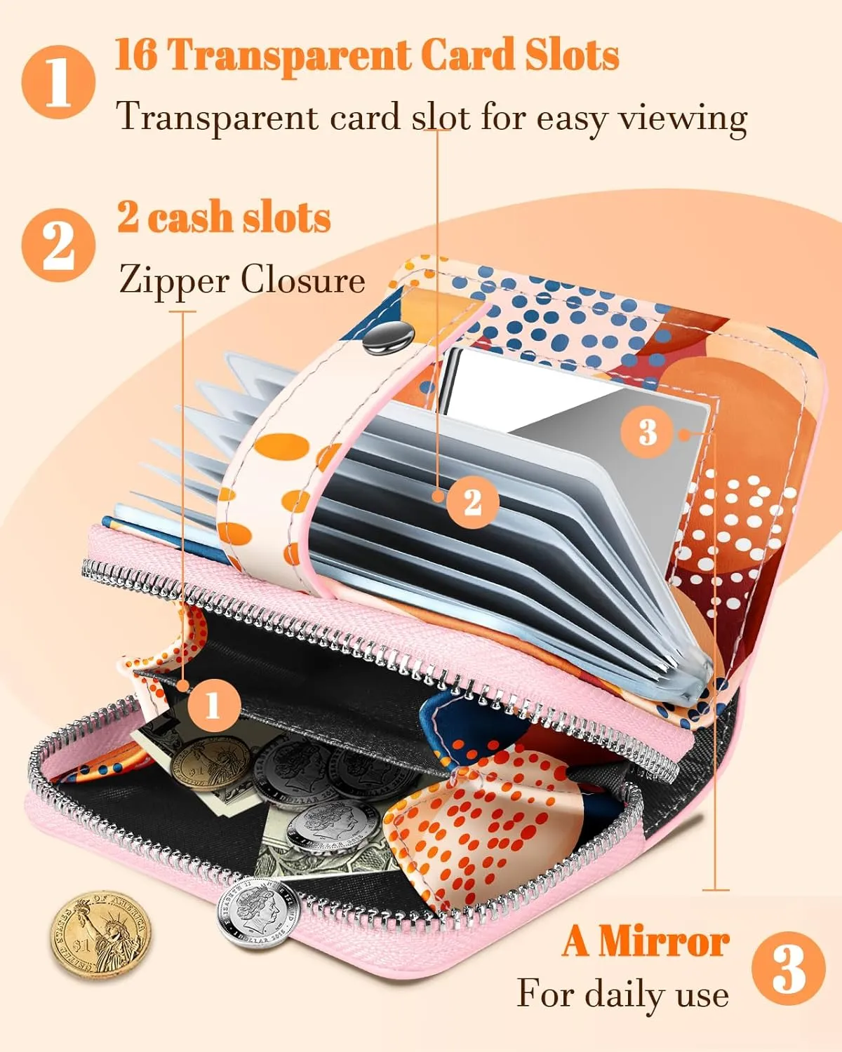 Bistup Credit Card Holder Wallet for Women Ladies Cute Small Teen Girls Female Rfid Leather Cardholder Wallets Organizer Purse Abstract Art Girly Aesthetic Print Unique Zipper
